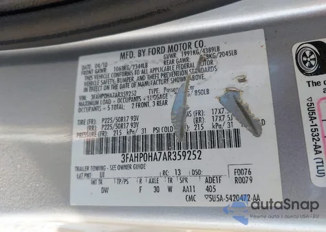 2010 Ford Fusion Se from USA, damaged, VIN 3FAHP0HA7AR359252